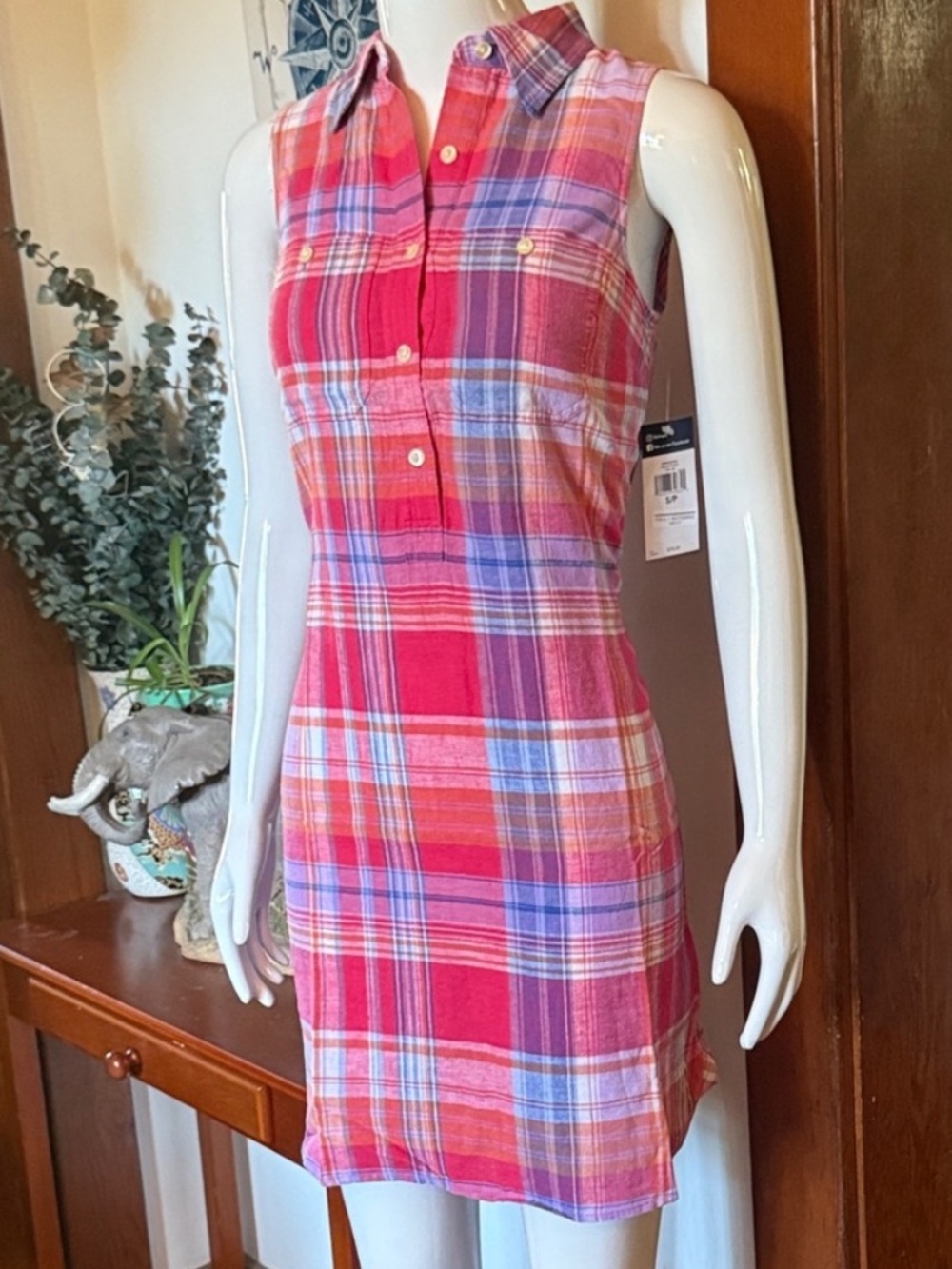 Chaps Linen/Cotton Pink Plaid Sleeveless Mini Shirt Dress S